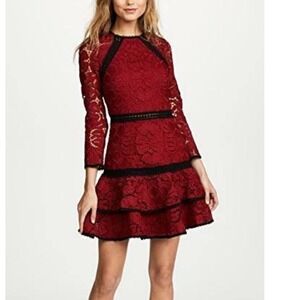 Alexis Khans Dress Burgundy Lace Long Sleeve Tiered Ruffle Mock Neck Cocktail S